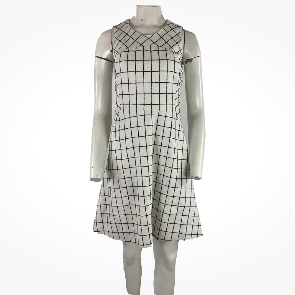 J Crew Sz 2 Windowpane Print A-Line Business Casual Dress Blue White Cotton